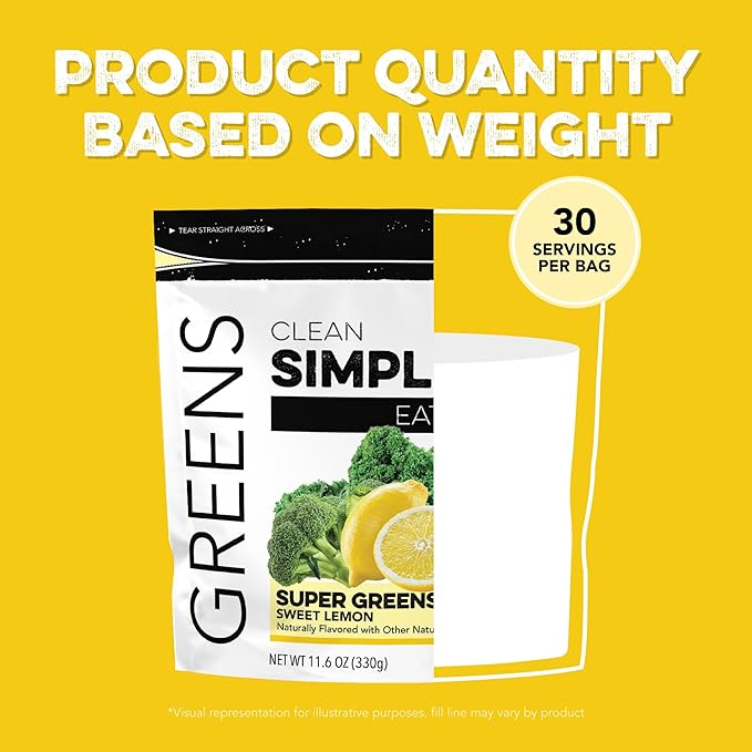 Clean Simple Eats Super Greens Powder Naturally Flavored Greens Powder with Chlorella Spirulina Superfoods &amp Prebiotic Fiber No Artificial Ingredients Gluten Free Sweet Lemon Flavor 30 Serv