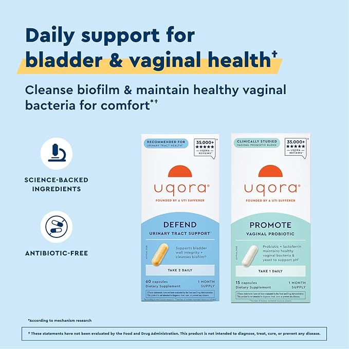 Uqora Defend &amp Promote - Urinary &amp Vaginal Health Supplement Bundle for Daily Support - Supports Vaginal Health Bladder Wall Integrity &amp Cleanses Biofilm** - Easy to Consume - One-Month S