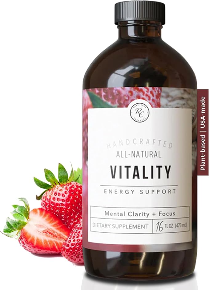 Rowe Casa Organics Vitality Energy Support with Strawberries Guarana &amp Rhodiola Extract – Natural Caffeine Liquid Vitamins for Mental Clarity and Focus – 16
