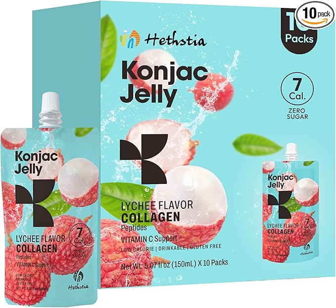 Hethstia Konjac Jelly 10 Pouches Drinkable Lychee Konjac Jelly with Collagen Peptides Low Calorie Litchi Jello Vitamin C Light Snacks Sugar Free Keto Gluten-Free Healthy Food Gifts
