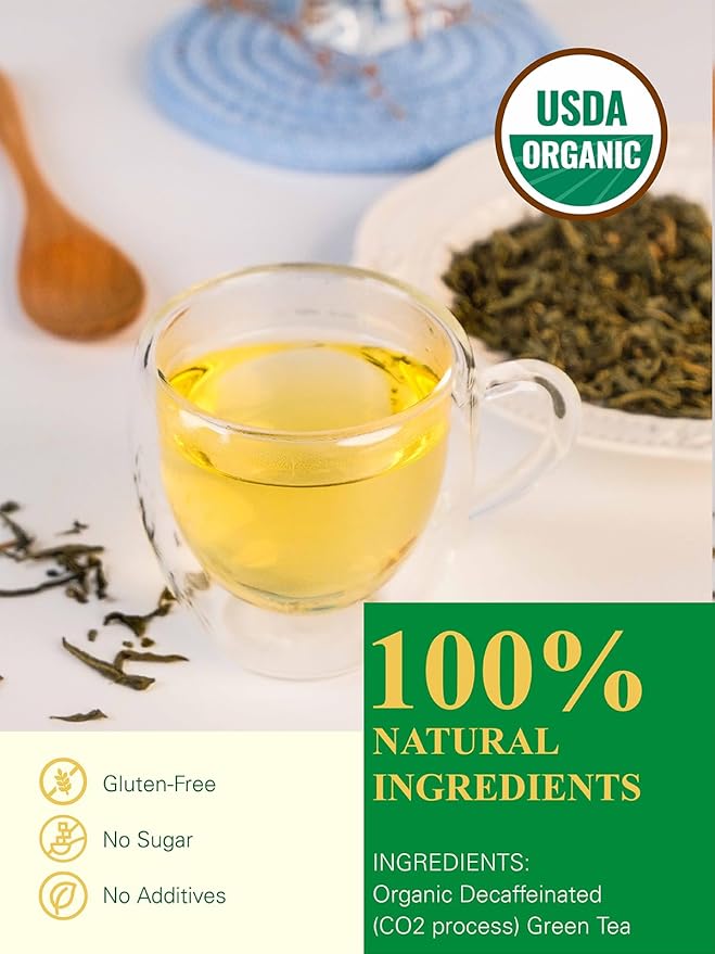 GLDNT Organic Decaf Green Tea Organic Decaffeinated Green Tea Loose leaf Delicate &amp Smooth Flavor Hot &amp Iced Tea 16 Ounce