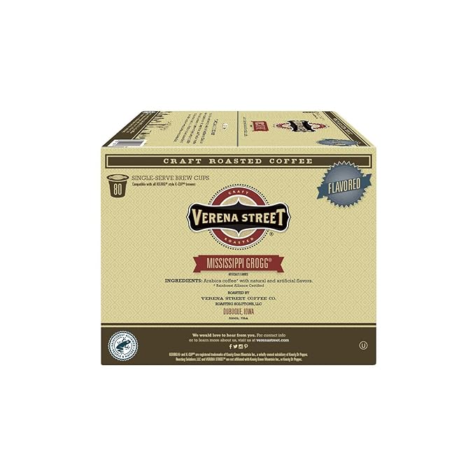 Verena Street Single Cup Pods (80 Count) Flavored Coffee Mississippi Grogg Rainforest Alliance Certified Arabica Coffee