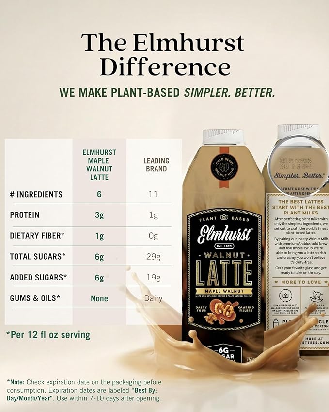 Elmhurst 1925 Maple Walnut Latte – Plant-Based Vegan Dairy-Free Plant Milk Latte Made of Walnut Milk Cold Brew Premium Arabica with 95mg Caffeine &amp Real Maple &amp Brown Sugar – 25.4oz (Pack o