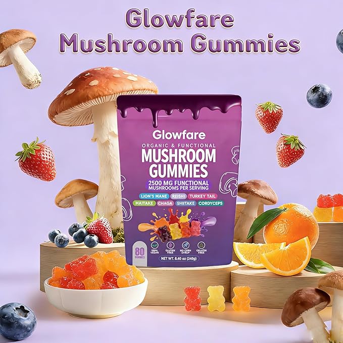 Mushroom Gummies Organic &amp Functional Mushroom Gummies Glow Fare Mushroom Gummies Supplement for ImmuneDefense Immune Boosts Cognitive Performance and Energy 80 Gummies (1PCS)