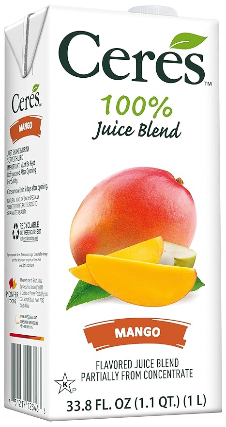 Ceres 100% All Natural Pure Fruit Juice Blend Mango - Gluten Free Rich in Vitamin C No Added Sugar or Preservatives Cholesterol Free - 33.8 FL OZ (Pack of 12)
