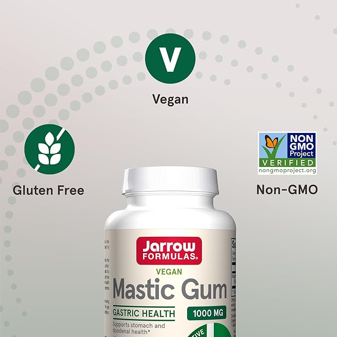 Jarrow Formulas Mastic Gum 1000 mg - 60 Veggie Caps - Mastic Gum Capsules Supporting Stomach and Duodenal Health - 30 Servings
