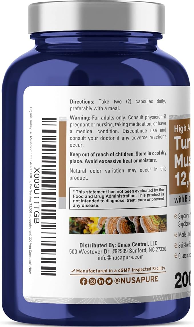 NusaPure Turkey Tail Mushroom Capsules 10:1 Extract 1200 mg Equivalent to 12000mg 200 Vcaps Non-GMO Gluten Free Bioperine