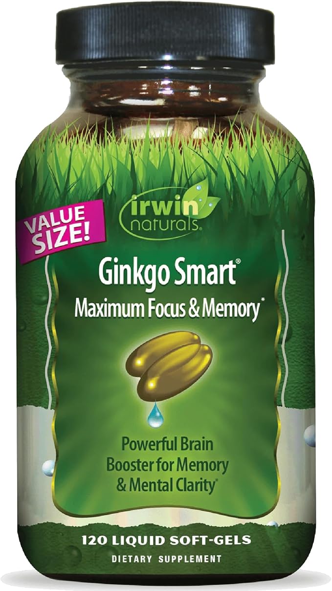 Irwin Naturals Ginkgo Smart - Brain Supplements for Memory and Focus with Ginkgo Biloba Acetyl-L-Carnitine DMAE and BioPerine® for Superior Absorption - 120 Liquid Soft-Gels