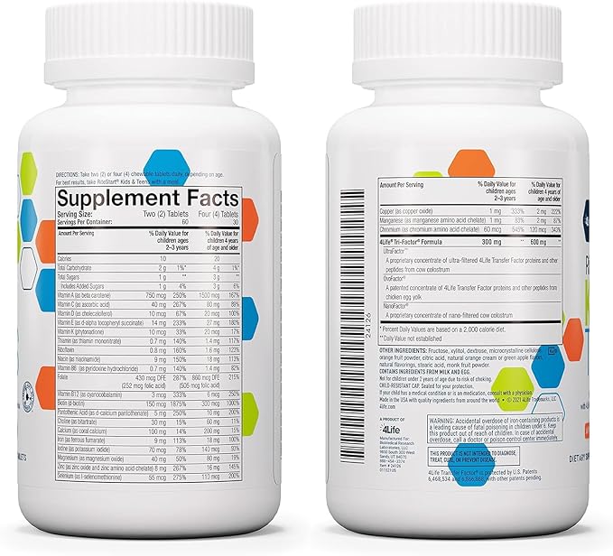 4Life RiteStart Kids and Teens- Apple Orange Flavors 22 Essential Vitamins Minerals Immune System and Brain Support Ages 2+ - 120 Chewable Tablets