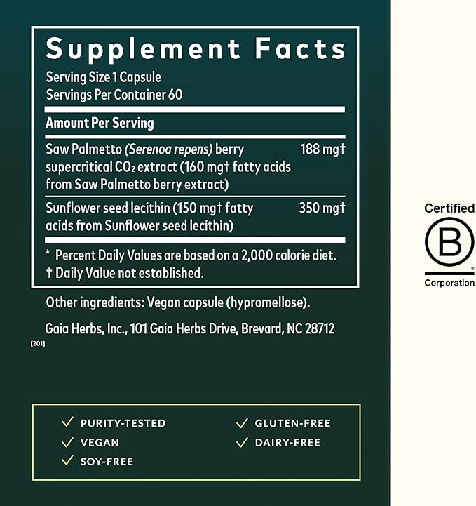 Gaia Herbs Saw Palmetto - Supports Healthy Prostate Function &amp Urinary Health - Saw Palmetto &amp Sunflower Seed Lecithin to Support Men's Health* - 60 Vegan Liquid Phyto-Caps (60 Servings)