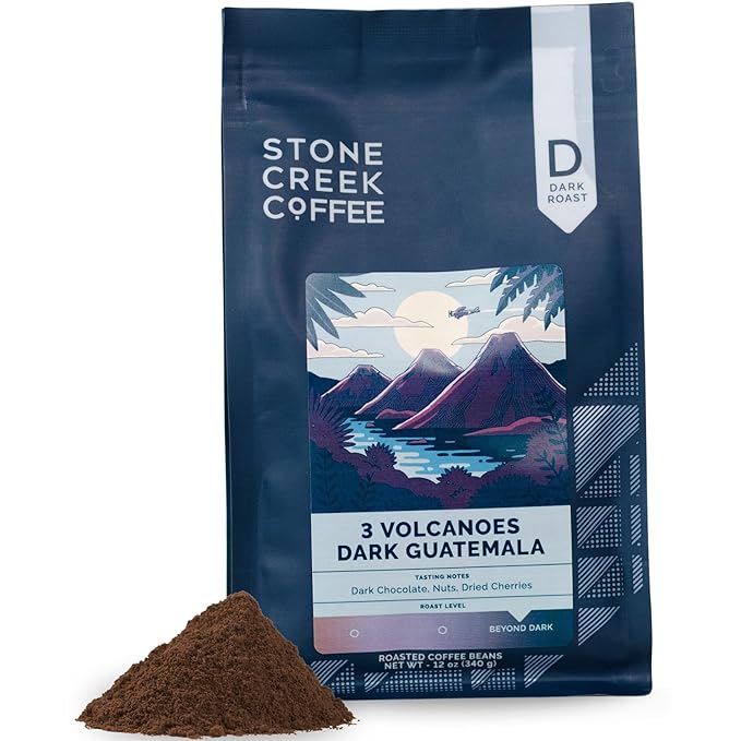 Stone Creek Coffee Dark Roast Ground Coffee – 12 Ounce (Pack of 1) – Smooth and Chocolatey Fresh Roasted Coffee Beans with Rich and Fruity Tasting Notes 3 Volcanoes Dark Guatemala