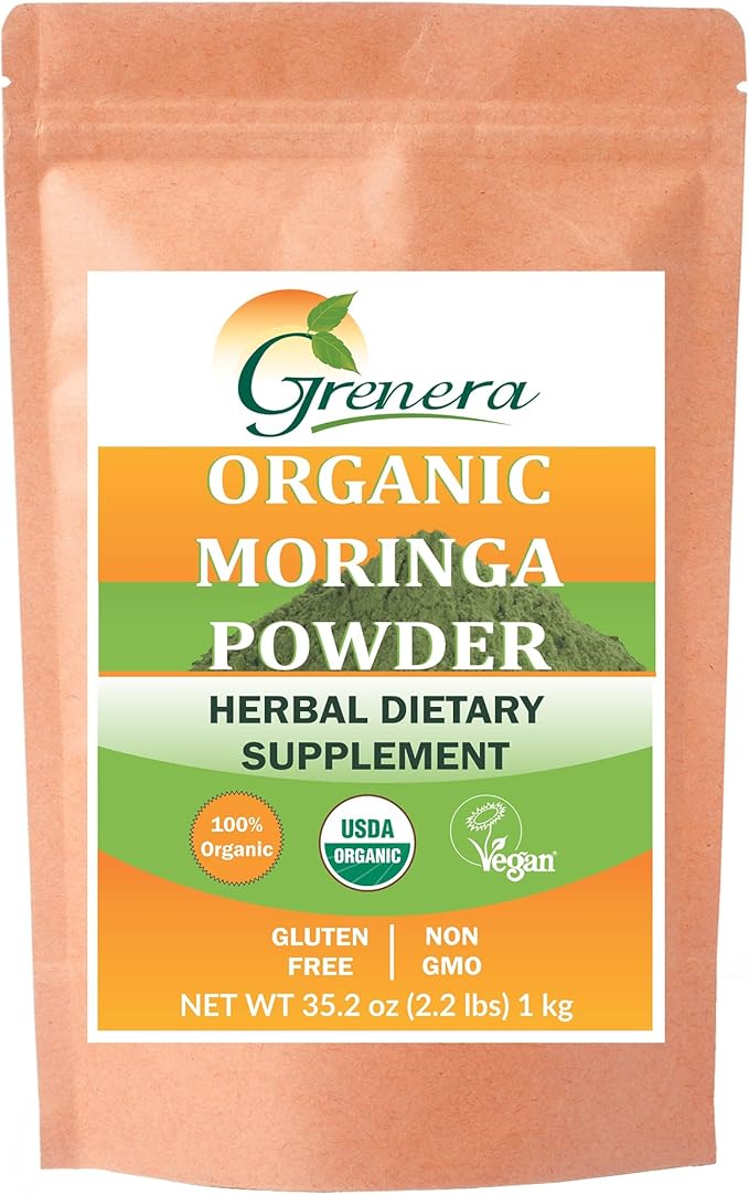 Grenera Organic Moringa Powder - 2.2 lbs (35.2 oz) | Moringa Oleifera Leaf Powder Lab Tested for Purity | Moringa Powder Organic Perfect for Smoothies Drinks Tea &amp Recipes | 100% Raw from India
