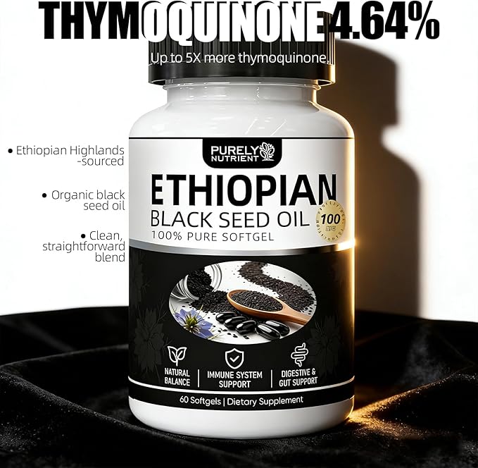 Purely Nutrient Ethiopian Black Seed Oil Ethiopian Black Seed Oil Softgels |4.64% Thymoquinone | Non-GMO Gluten-Free60 Capsules-2PCS