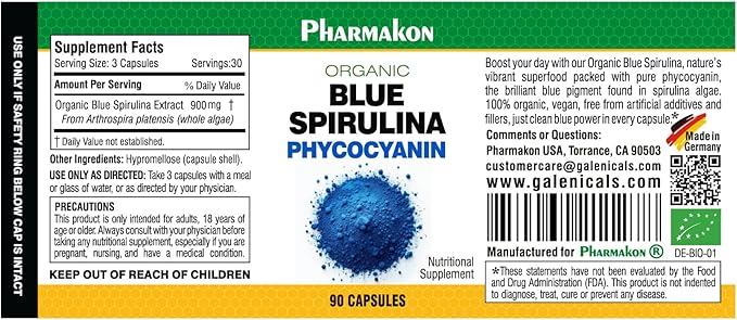 PHARMAKON Blue Spirulina Phycocyanin | Prebiotic Bioactive Superfood | Solvent-Free Extraction (90 Count)
