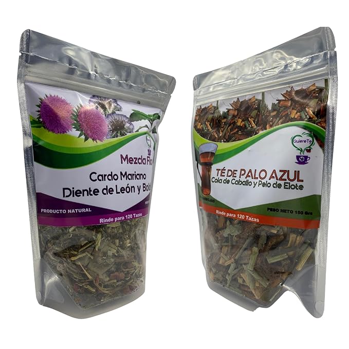 Combo Palo Azul and Cardo Mariano Quiere Te 5.3 oz (150 grams) Up to 200 Cups Milk Thistle and Kidneywood Resealable Bag Product From Mexico 100% Natural Infusion Herbal Combo 2 Bags