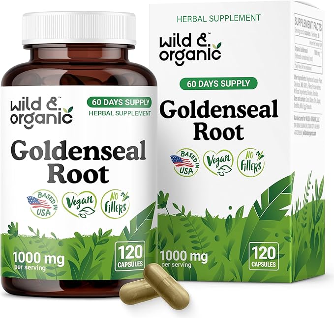 Wild &amp Organic Goldenseal Root Capsules 1000mg - Immune &amp Lung Support - 120 Goldenseal Powder Capsules - 2 Month Supply - Vegan No Fillers Non-GMO