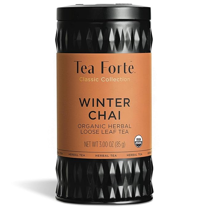 Tea Forte Winter Chai Premium Loose Leaf Caffeine-Free Herbal Tea Blend Canister Makes 35-50 Cups Round Canister