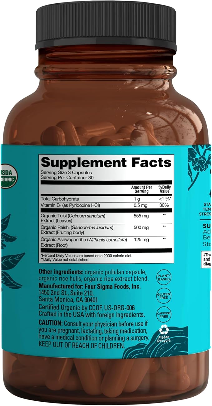 Four Sigmatic Calm Capsules | Vegan Stress Relief Supplement to Promote Positive Mood with Organic Ashwagandha Powder Organic Reishi Mushroom Tulsi (Holy Basil Extract) Vitamin B6 | 30 Servings