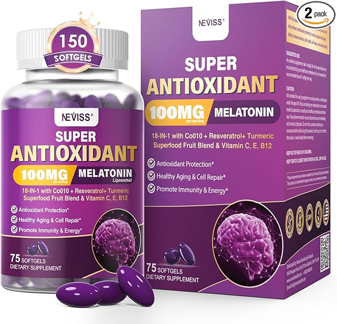 Melatonin 100mg for Antioxidant &amp Cognitive Health Ultra High Dose Melatonin with CoQ10 Turmeric Trans-Resveratrol Vitamin B12 C E for Brain Anti-Aging Cellular Repair and Energy 150 Softgel