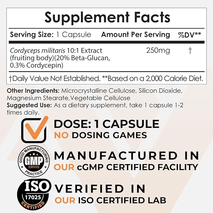 Nootropics Depot Cordyceps Mushroom Capsules | 10:1 Whole Fruiting Body Extract | 250mg | 60 Count | Cordyceps militaris