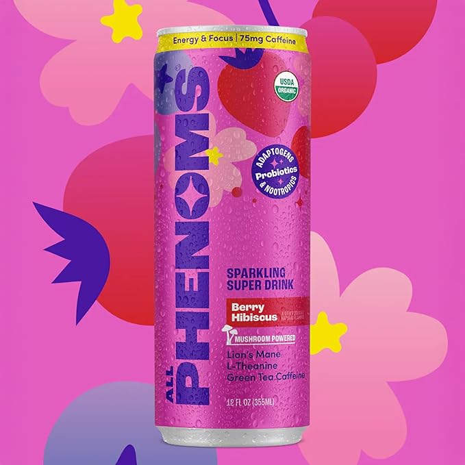 All Phenoms Energy &amp Focus Sparkling Organic Prebiotic &amp Probiotic Drink - Mushroom Blend (320mg Lions Mane) 75mg Green Tea Caffeine 75mg L-Theanine B12 - Berry Hibiscus (No Stevia) 12 Pac
