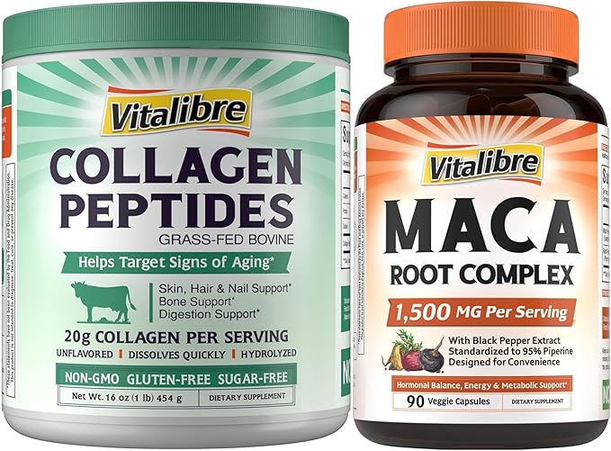 Bovine Collagen Peptides Powder and Maca Root Capsules Bundle Dietary Supplements Vegan-Friendly