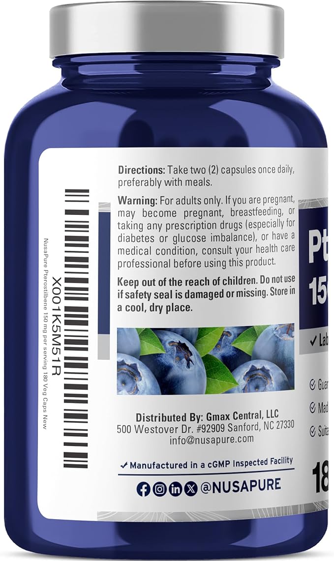 NusaPure Pterostilbene 150mg 180 Veggie Caps (Non-GMO Vegan)