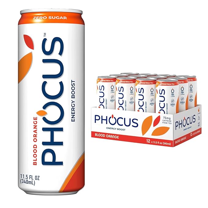 Phocus Energy Boost Blood Orange &amp Lemon Lime Bundle | 11.5 Fl oz (Pack of 24) | No Sugar | 75mg Caffeine + L-Theanine | 0 Calories