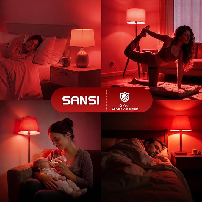 SANSI 670nm Red Light Bulb for Sleep Therapy with Remote Timer Dimmable Zero Blue Light for Melatonin Promoting Dual Mode Natural Sleep Aid &amp 3000K Reading Light 25W A21 E26 Red Light for Bedr
