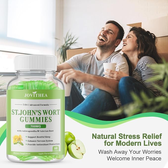 2 Pack St John's Wort Gummies 700mg Natural Herbal Supplement for Adults &amp Kids Support Calm Relaxation &amp Brain Health Vegan Non-GMO Gluten Free Apple Flavor 120 Count