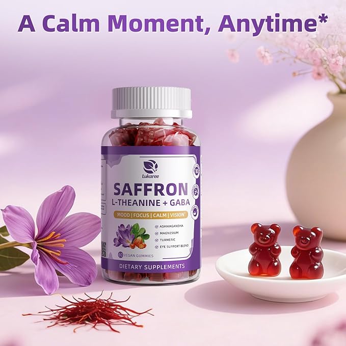 Lukaree 10-in-1 Saffron Gummies Supplements for Mood Focus &amp Eye Support with L-Theanine 200mg GABA Ashwagandha Lutein Zeaxanthin &amp Astaxanthin Sugar Free Vegan Berry Flavor 2 Pack 12