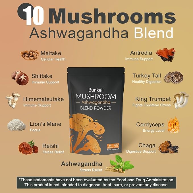 Ashwagandha Mushroom Powder Adaptogenic 10 Mushrooms Complex W/Ashwagandha - Lion's Mane Reishi Chaga &amp Maitake - Adaptogens Powder for Energy Cognitive &amp Immune Support 80 Servings