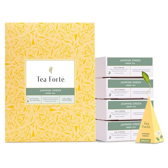 Tea Forte Jasmine Green Premium Caffeinated Green Tea Blend Event Box Bulk Pack 40 Count 10 per tray Individually Wrapped Handcrafted Pyramid Infusers