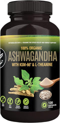 Organic Ashwagandha Capsules 500 mg with KSM-66® &amp L-Theanine 120 Veggie Capsules – Non-GMO Gluten-Free Soy-Free – Withania Somnifera Herbal Supplement