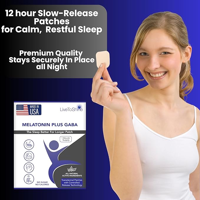 Live To Shine Melatonin Sleep Patches with GABA - 5mg Melatonin + 5mg GABA for Calm Restful Sleep -12-Hour Slow Release Transdermal Patch - 30 Patches - No Pills or Gummies