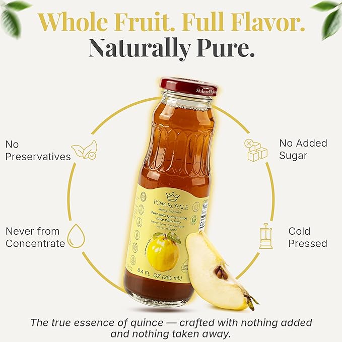 Pure Quince Juice 8.4oz Glass Bottle (Pack of 12) Cold Pressed Juice Not from Concentrate Non-GMO No Sugar Added Gluten Free Kosher Certified Preservative Free