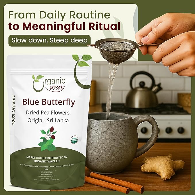 Organic Way Dried Blue Butterfly Pea Flowers (Whole) Herbal Tea | Organic Vegan Non GMO &amp Gluten Free | USDA Certified | 100% Raw from Sri Lanka 8 Oz (Pack of 1)