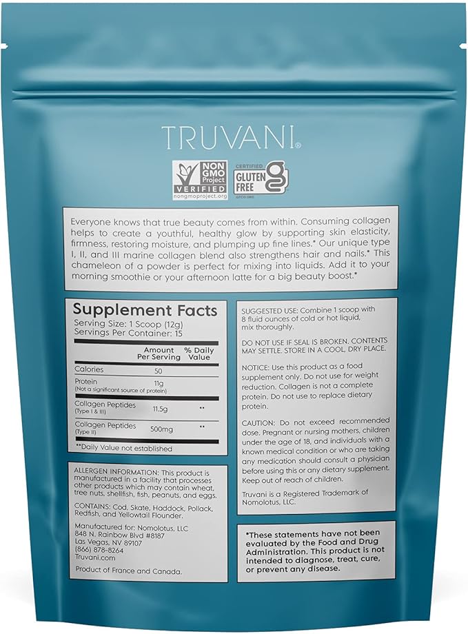 Truvani Wild Caught Hydrolyzed Marine Collagen Protein Powder | Collagen Protein Supplement with Type 12 &amp 3 | Non-GMO | Gluten Free Fish Collagen | 15 Servings