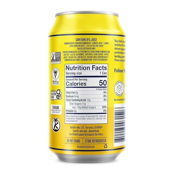 Health-Ade Ginger-Lemon Kombucha Organic Drink 12-Pack (11.5 Fl Oz Cans) - Fermented Tea with Probiotics Detoxifying Acids Supports Gut Health - Non-GMO Vegan Gluten-Free