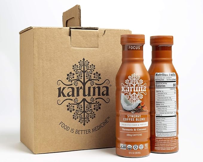 Karuna Whole Plant Synergy Organic Coffee Blend Energy Focus Pack Turmeric and Coconut Flavor 60mg Caffeine Non GMO Gluten Free 12 Fl Oz (6-Pack)