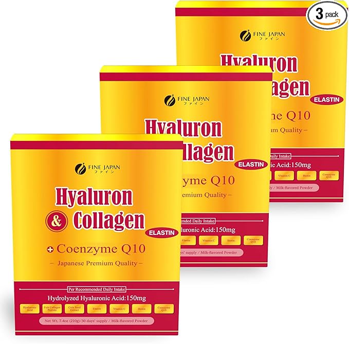 FINE JAPAN Premium Marine Collagen Powder with Hyaluronic Acid CoQ10 &amp Elastin/Set of 3 /Non-GMO - 30 Servings (210g / 7.4oz)
