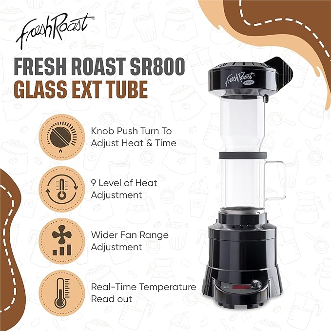 Fresh Roast Coffee Roaster Bundle SR800 Glass Extension Tube Burr Grinder (2 Lbs) Sample Pack of Green Beans (2- pack) Sample trays