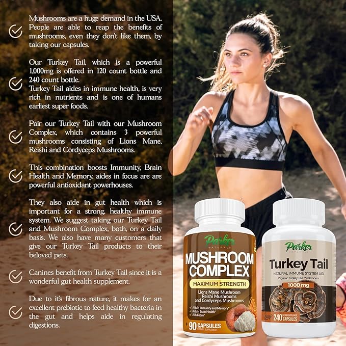 Parker Naturals Turkey Tail Mushroom Capsules - Organic Mushroom Supplement for Immune System Health Support - 1000 mg Premium Mushroom Supplements - 240 Capsules