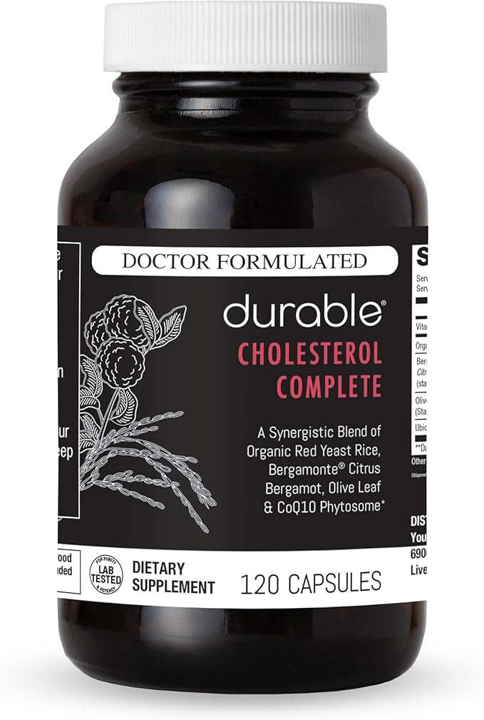 Durable Cholesterol Complete – Organic Red Yeast Rice 1600 mg + Bergamonte® Citrus Bergamot 1000 mg + Ubiqsome® CoQ10 + Olive Leaf + Vitamin C – Doctor Formulated Made in USA (120 Capsules)