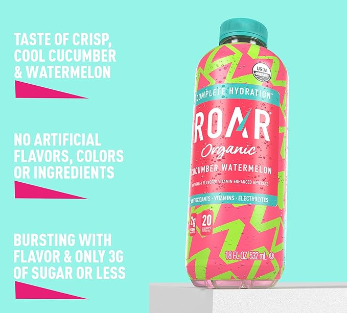 Roar Organic Electrolyte Infusions - USDA Organic - Cucumber Watermelon - with Antioxidants B Vitamins Low-Calorie Low-Sugar Low-Carb Coconut Water Infused Beverage 18 Fl Oz (Pack of 12)