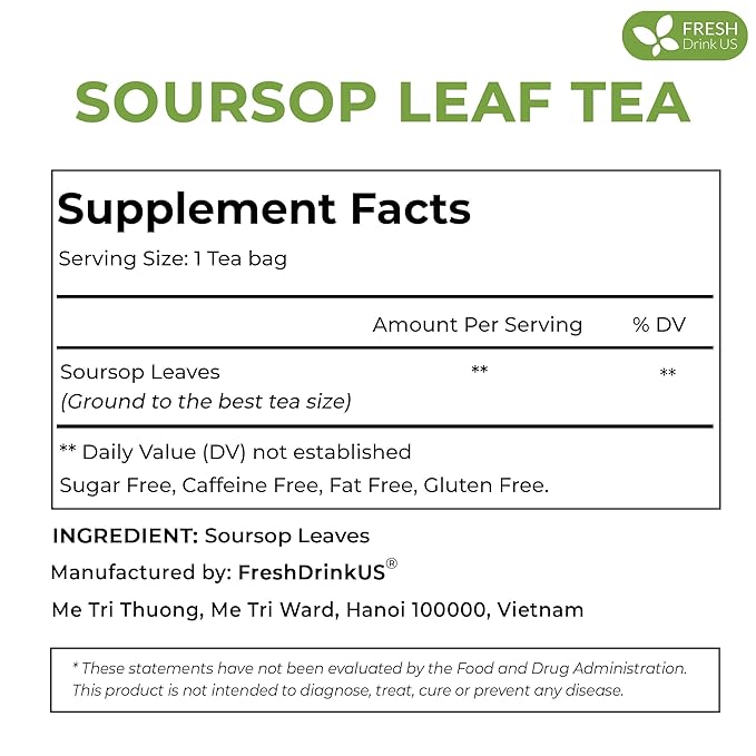FreshDrinkUS Premium 90 Soursop Graviola Leaf Tea Bags 100% Natural and Pure from Soursop Leaves Handmade Made With Natural Materials-Corn Fiber Tea Bag Sugar/ Caffeine/ Gluten Free Hoja Guanaba