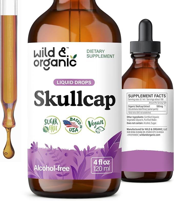 Wild &amp Organic Skullcap Herb Tincture - Skullcap Supplement for Mood Support - Relaxing Liquid Extract Drops - Vegan Sugar &amp Alcohol-Free - 4 fl oz