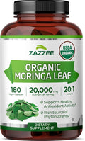 Zazzee USDA Organic Moringa Leaf 20:1 Extract 180 Vegan Capsules 3 Month Supply Certified Kosher Moringa Oleifera Antioxidant Immune &amp Cellular Support Superfood Supplement Made in the USA