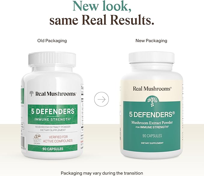 Real Mushrooms 5 Defenders - Adaptogenic Mushrooms Complex with Chaga Reishi Turkey Tail Maitake &amp Shiitake for Wellness Support - Mushroom Beta Glucan Capsules - 90 Count (Pack of 2)