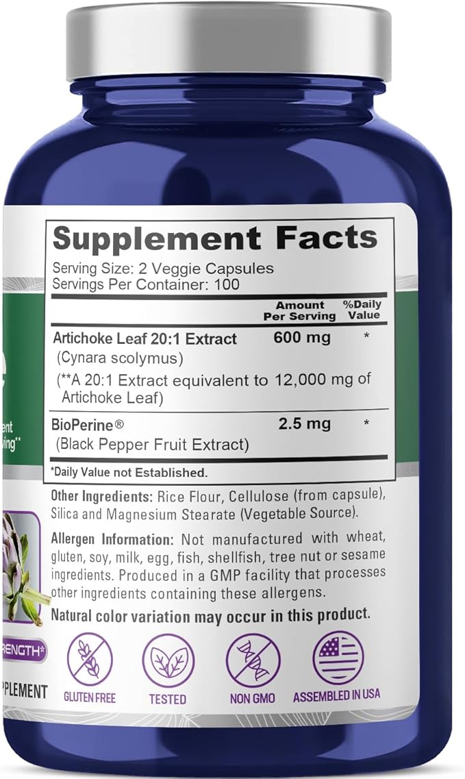 NusaPure Artichoke 20:1 Extract 600 mg Equivalent to 12000mg 200 Veggie caps (Non-GMO Gluten Free)